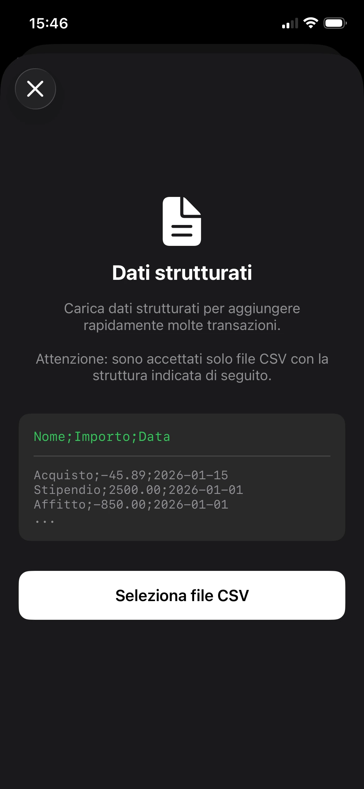 importa file CSV